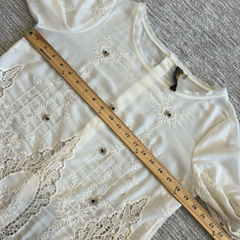 Anthropologie Arrata Silent Journey Sheer Beaded Embroidered Crochet Lace Top M